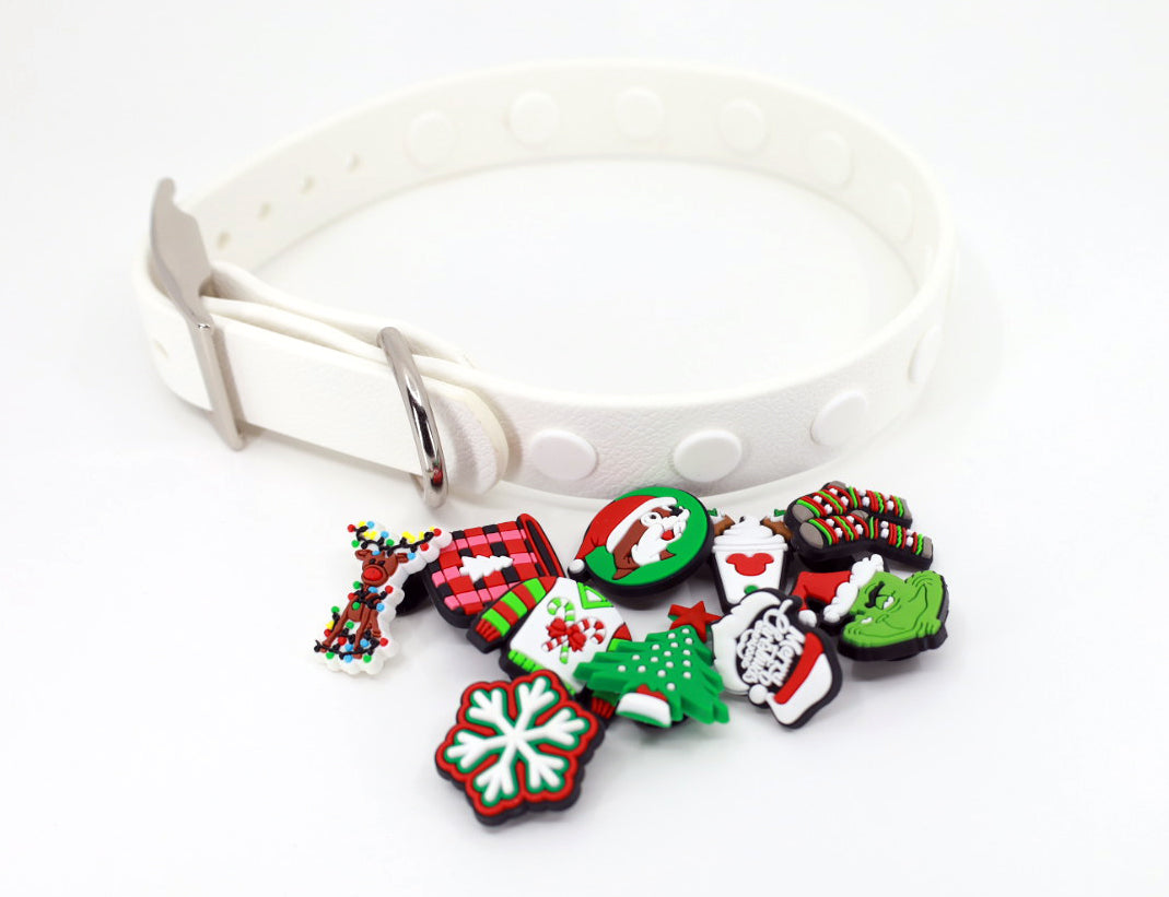 White charm collar with Christmas charms.